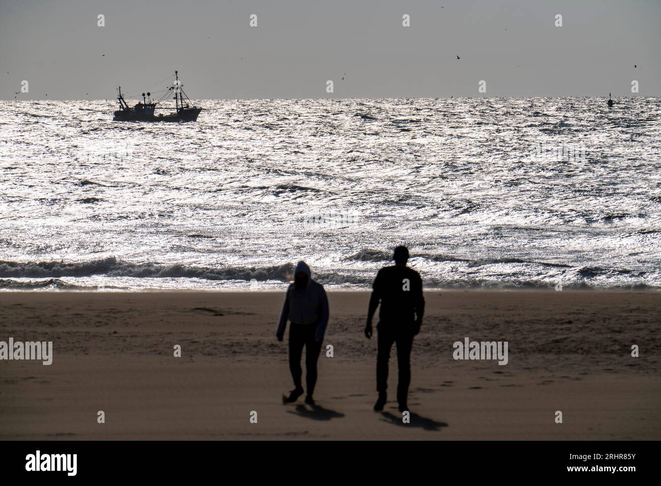 Passeggiate sulla spiaggia di Scheveningen, Krabbenkutter, Paesi Bassi Foto Stock