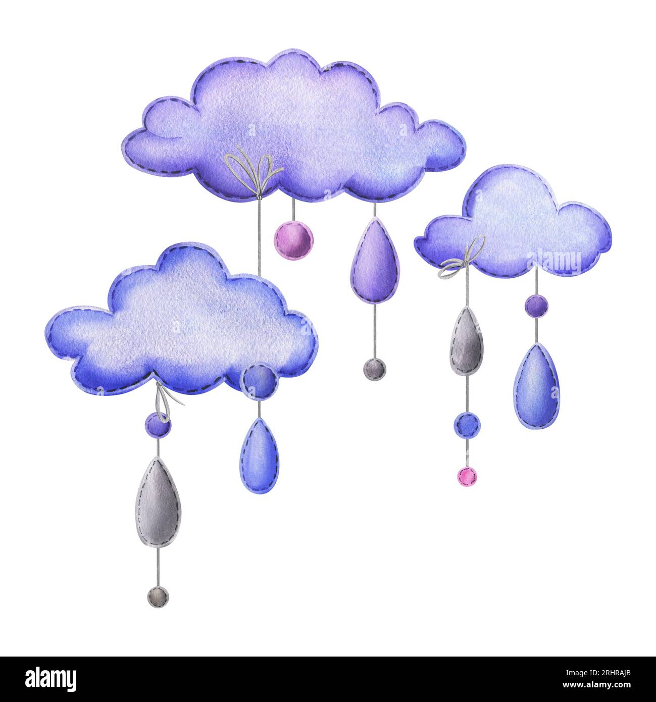 Nuvole cucite e gocce di pioggia appese alle corde in blu, viola e rosa. Illustrazione ad acquerello disegnata a mano da bambino. Composizione isolata attivata Foto Stock