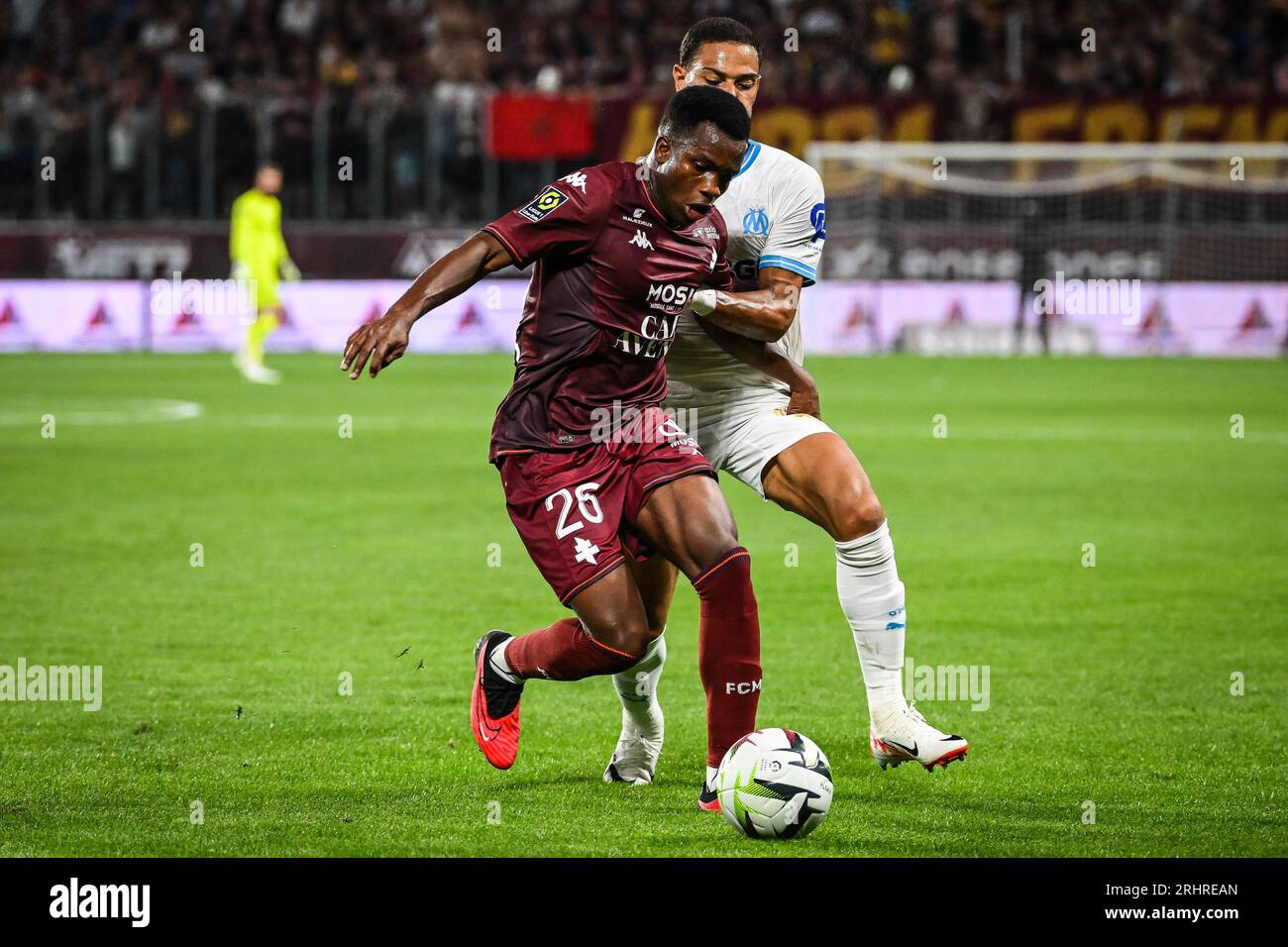 Metz, Francia, Francia. 18 agosto 2023. Malick MBAYE del Metz durante la partita di Ligue 1 tra il Metz e l'Olympique de Marseille (OM) allo stadio Saint-Symphorien il 18 agosto 2023 a Metz, in Francia. (Immagine di credito: © Matthieu Mirville/ZUMA Press Wire) SOLO USO EDITORIALE! Non per USO commerciale! Crediti: ZUMA Press, Inc./Alamy Live News Foto Stock
