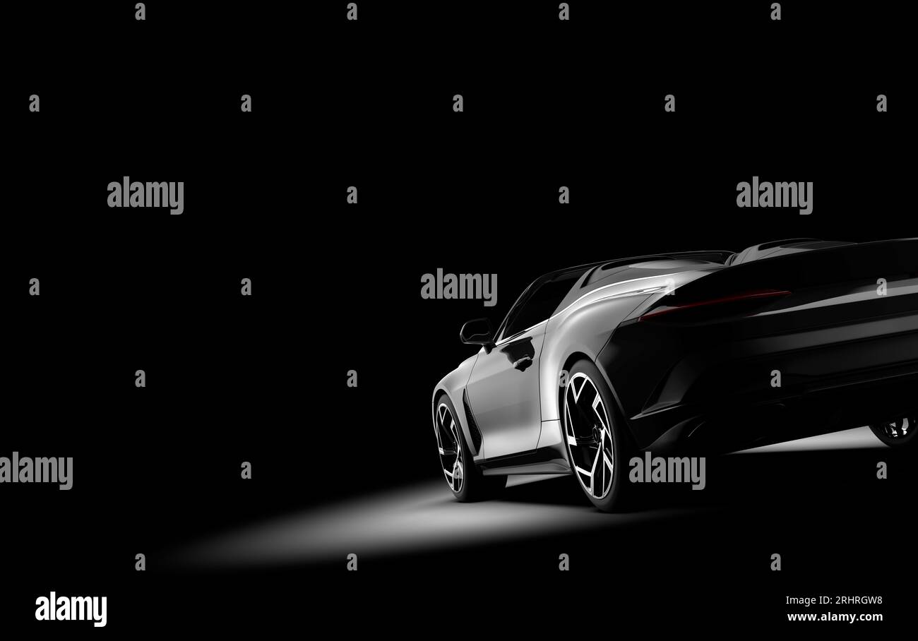 Generico nero sport auto non branded isolato su uno sfondo scuro. 3d illustrazione Foto Stock