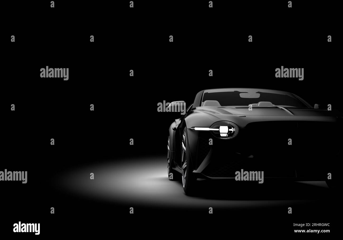 Auto sportiva nera generica senza marchio isolata su uno sfondo scuro. illustrazione 3d. Foto Stock