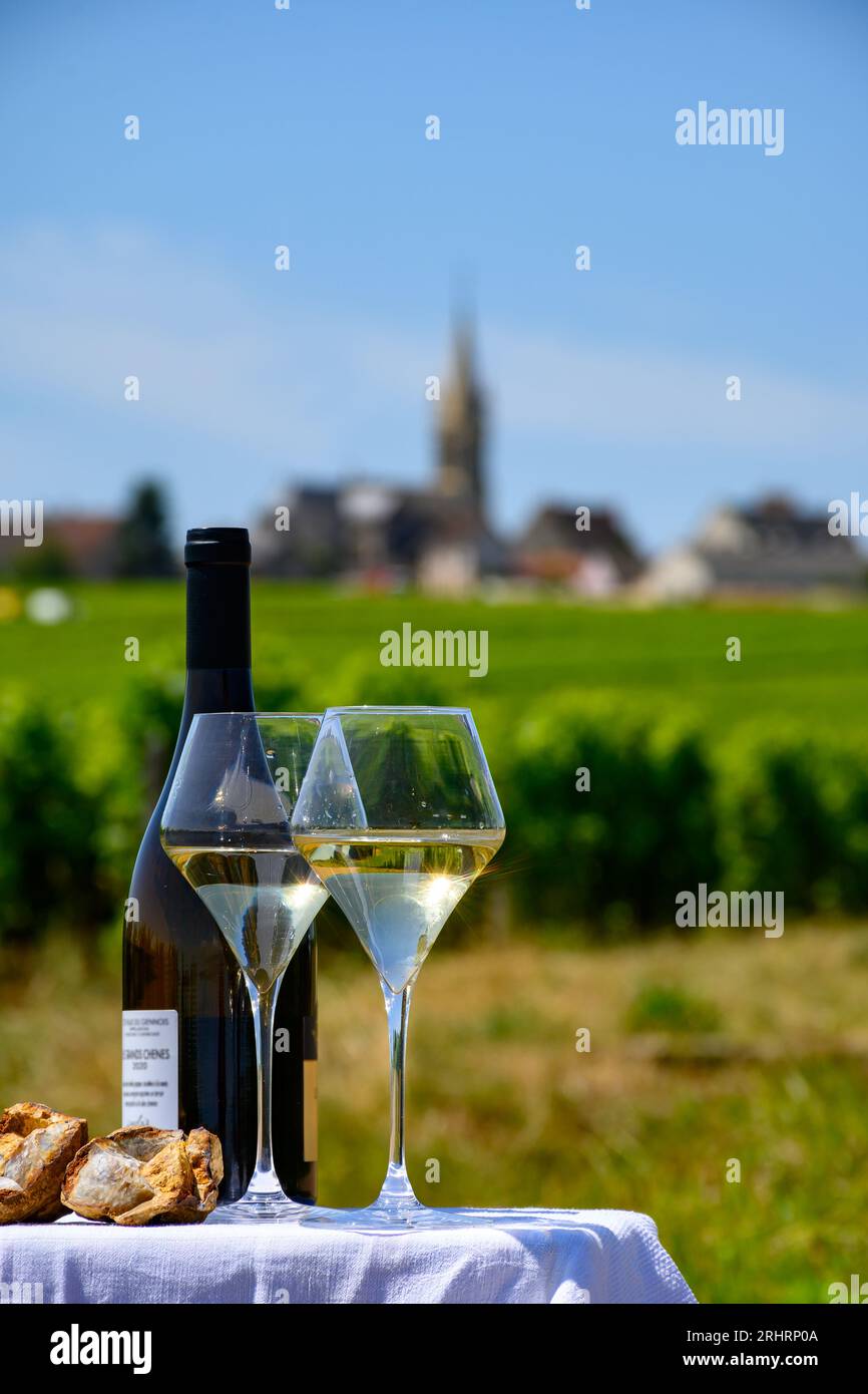 Bicchieri di vino bianco da vigneti di Pouilly-Fume appelazione ed esempio di terreno di selce, vicino a Pouilly-sur-Loire, Borgogna, Francia. Foto Stock