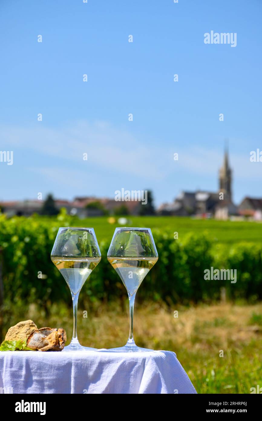 Bicchieri di vino bianco da vigneti di Pouilly-Fume appelazione ed esempio di terreno di selce, vicino a Pouilly-sur-Loire, Borgogna, Francia. Foto Stock