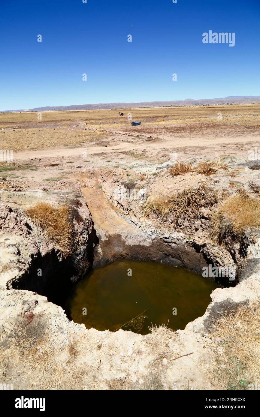 Lago Titicaca, BOLIVIA; 18 agosto 2023: Un pozzo improvvisato scavato dagli abitanti del villaggio per l'acqua per il loro bestiame sulla riva secca della baia di Cohana sul lago interno / Huiñay Marka (la parte più piccola del lago Titicaca) vicino al villaggio di Cohana. I livelli dell'acqua nel lago Titicaca si stanno avvicinando al livello minimo record stabilito nel 1996, il più basso da quando il servizio meteorologico della Bolivia (Senhami) ha iniziato a tenere registri nel 1974. Molti incolpano il cambiamento climatico; gli ultimi anni sono stati più secchi del normale e El Niño si sta attualmente rafforzando nell'Oceano Pacifico al largo del Sud America. Foto Stock