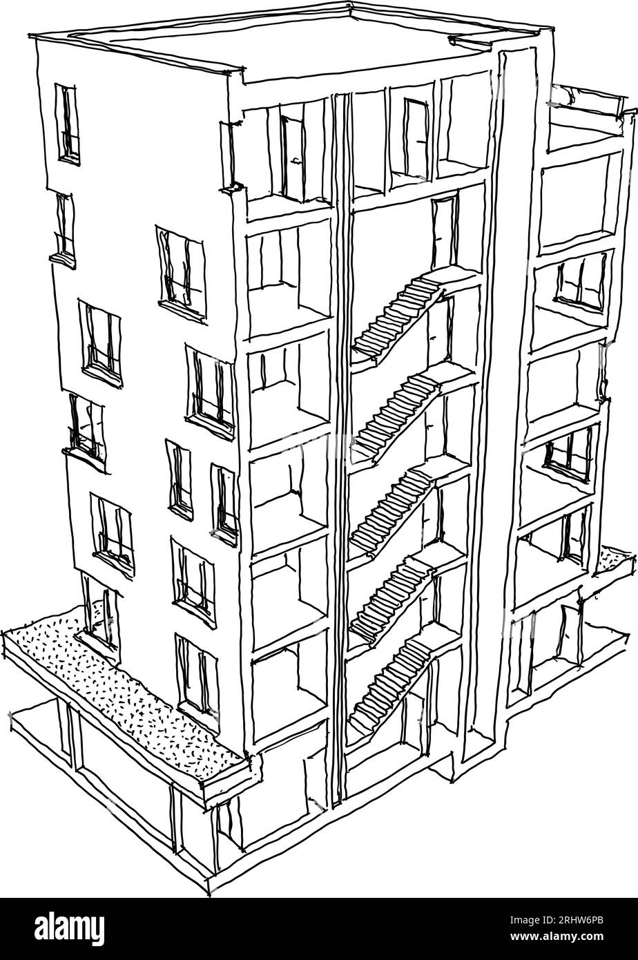 Schizzo disegnato a mano della sezione prospettiva tagliata dell'edificio apartmen con sei piani e scala interna Foto Stock