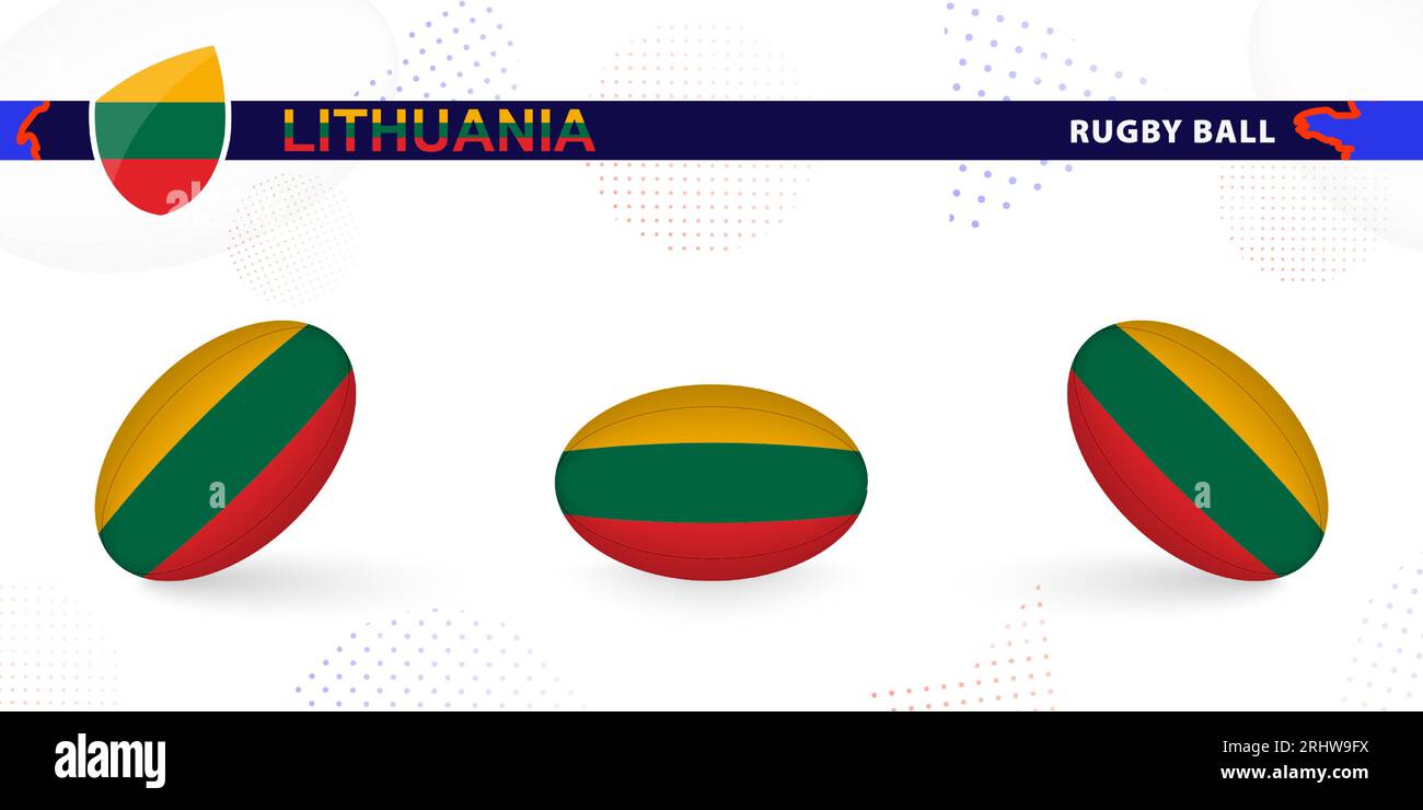 Palla di rugby con la bandiera della Lituania in varie angolazioni su sfondo astratto. Raccolta vettori Rugby. Illustrazione Vettoriale