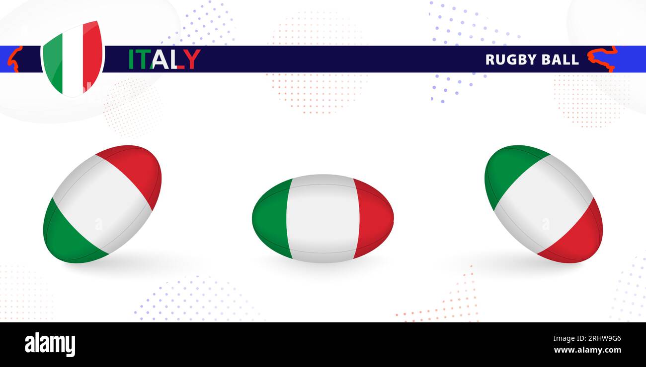 Palla di rugby con la bandiera dell'Italia in varie angolazioni su sfondo astratto. Raccolta vettori Rugby. Illustrazione Vettoriale