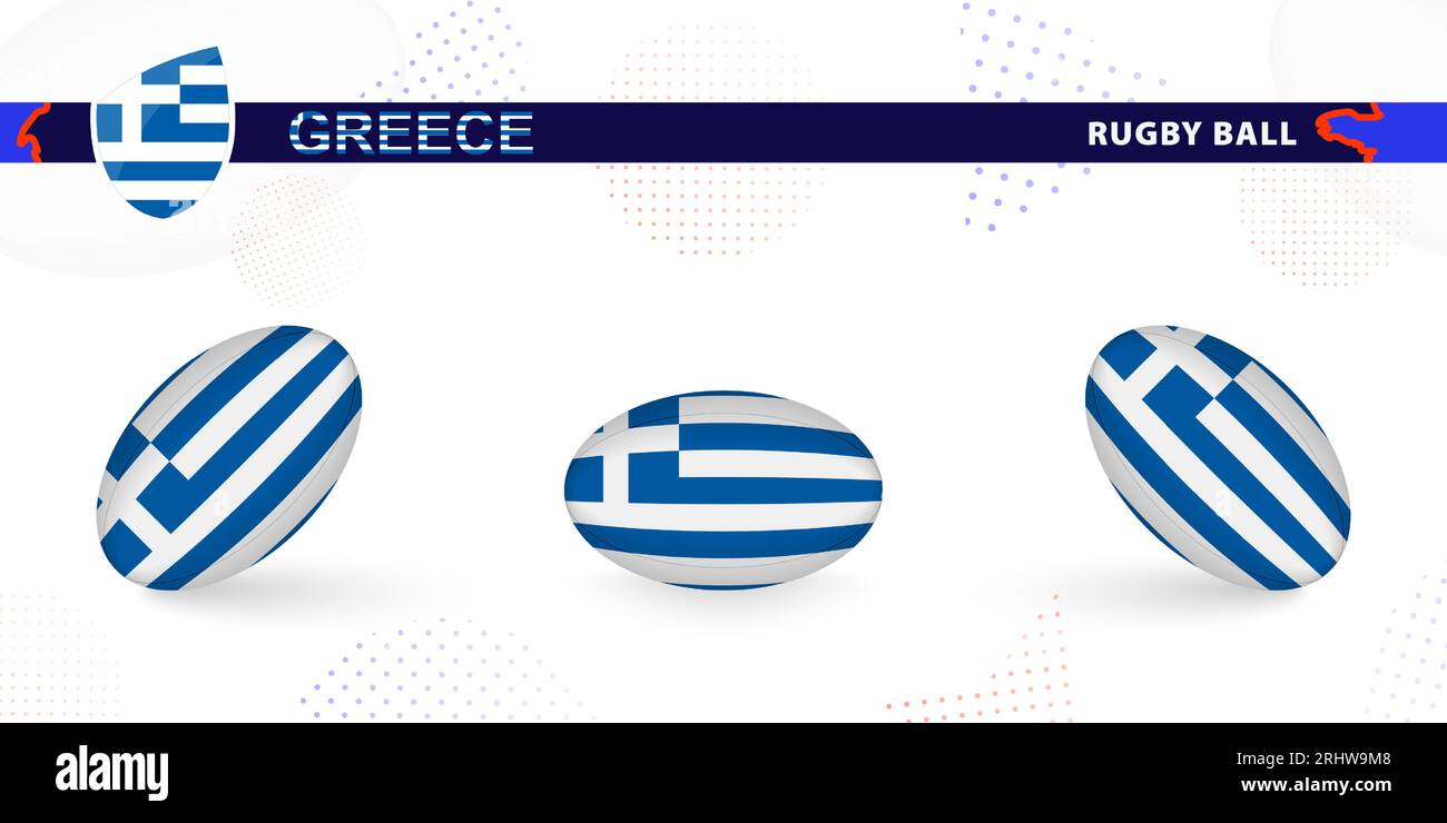 Palla di rugby con la bandiera della Grecia in varie angolazioni su sfondo astratto. Raccolta vettori Rugby. Illustrazione Vettoriale