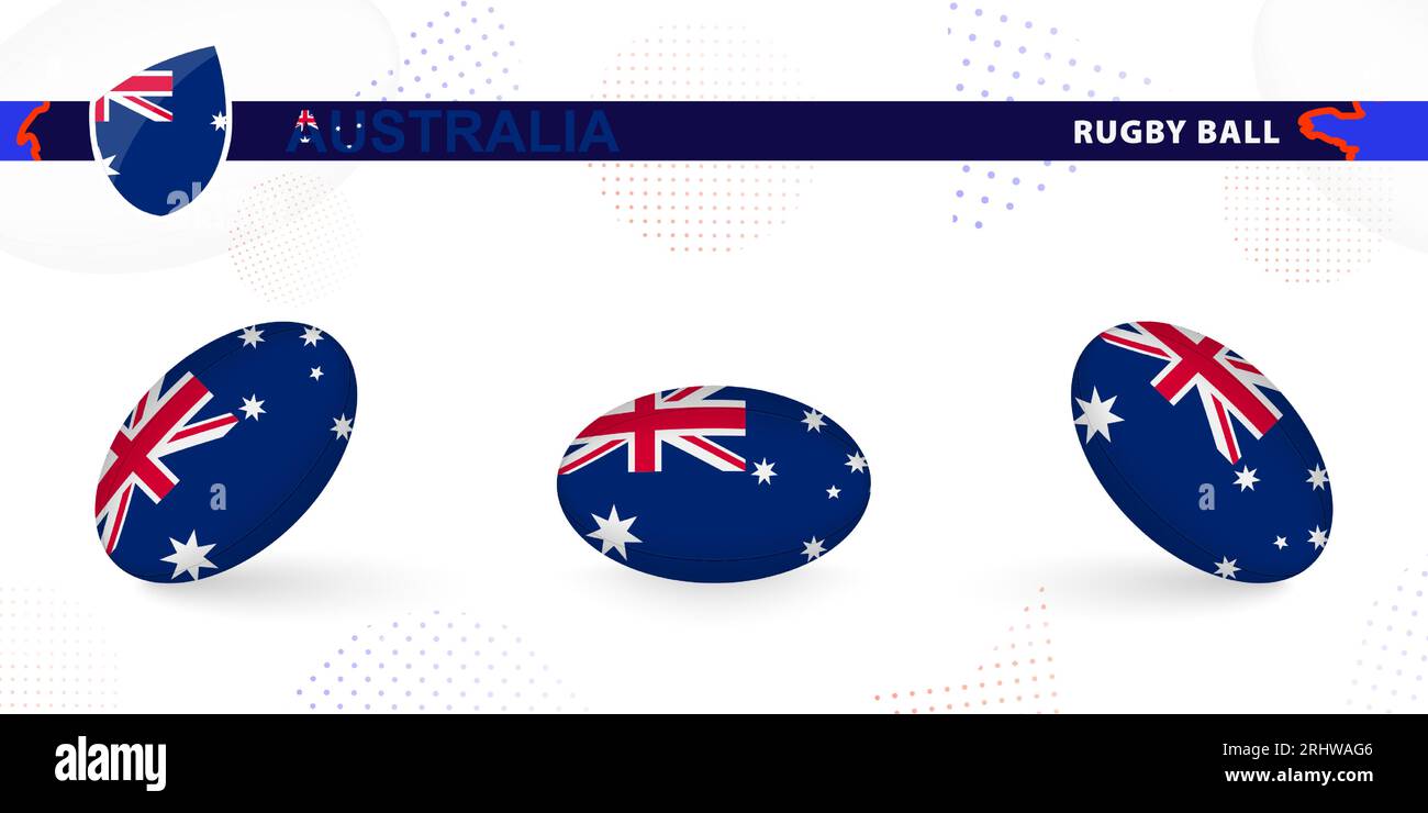 Palla di rugby con la bandiera dell'Australia in varie angolazioni su sfondo astratto. Raccolta vettori Rugby. Illustrazione Vettoriale