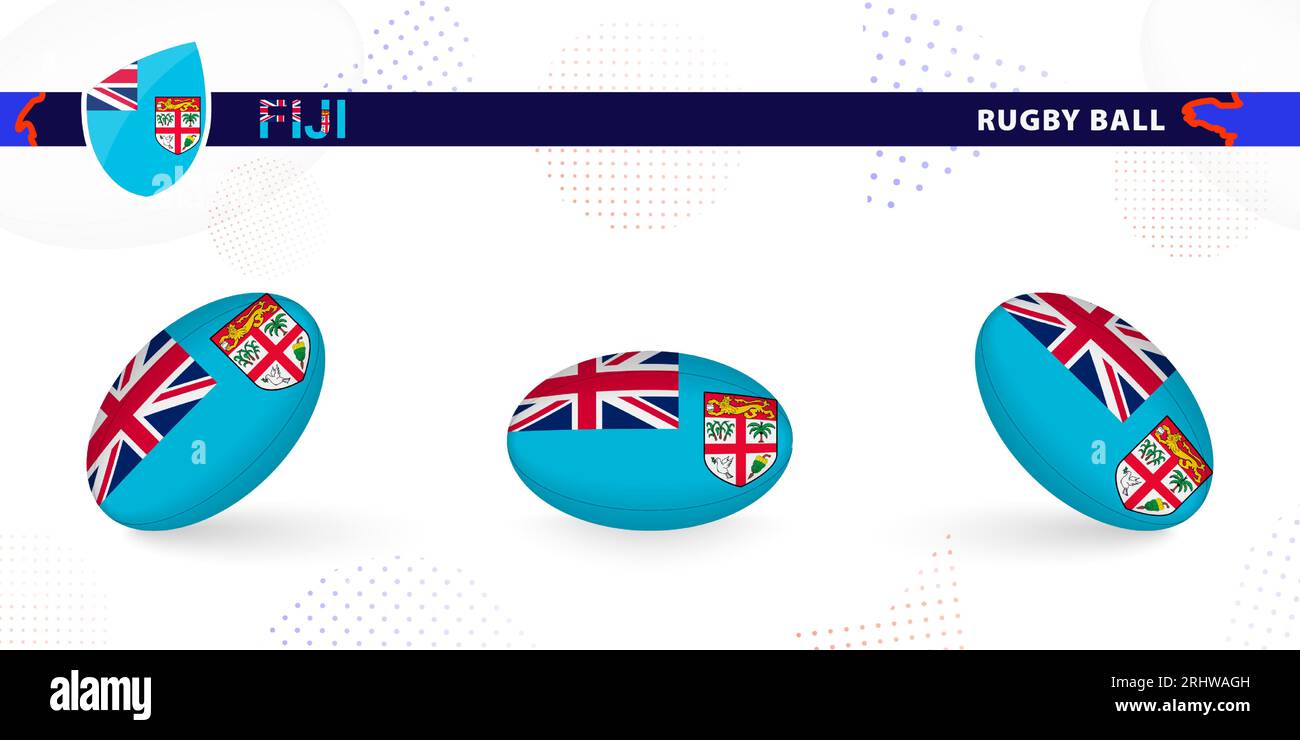 Set di palline da rugby con la bandiera delle Figi in varie angolazioni su sfondo astratto. Raccolta vettori Rugby. Illustrazione Vettoriale