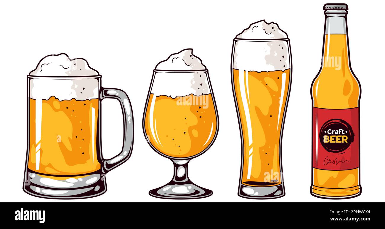 Tazza da birra, bicchieri e bottiglia. Illustrazione vettoriale su sfondo bianco. Illustrazione Vettoriale