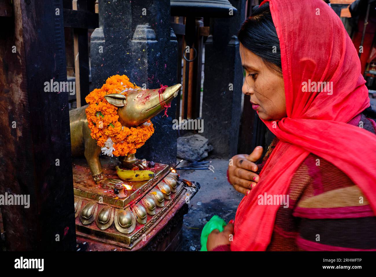 Nepal, valle di Kathmandu, Kathmandu, Piazza Durbar, offrendo al tempio di Vinayak, il topo è il veicolo del dio Ganesh Foto Stock