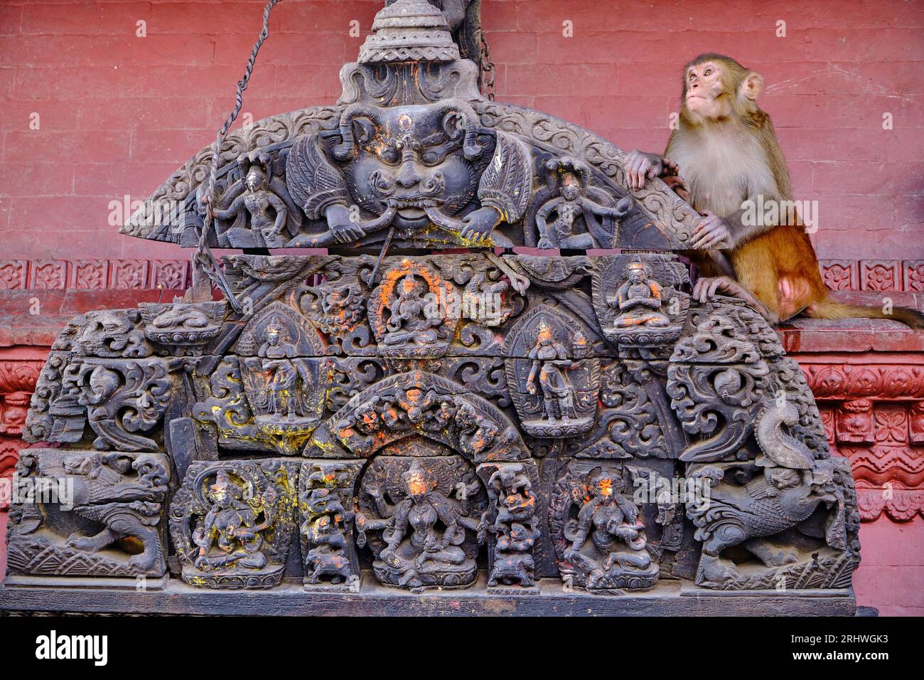 Nepal, valle di Kathmandu, stupa buddista Swayambunath, chiamato anche tempio delle scimmie perché popolato da molti macachi rhesus Foto Stock