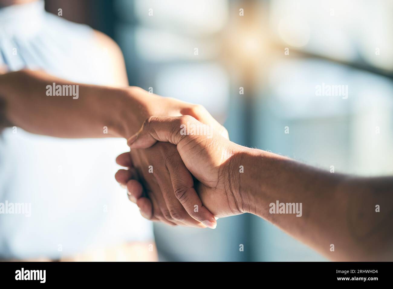 Stretta di mano, presentazione e mani di persone che si incontrano per una partnership o un accordo insieme come un team con fiducia. Saluto, accetta e grazie o. Foto Stock