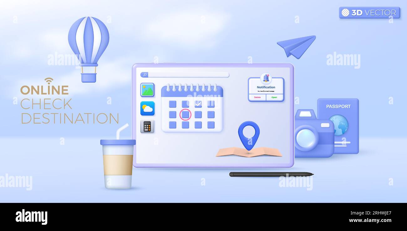 controllo 3d della pianificazione dei viaggi a destinazione. Tablet computer, turismo, fotocamera, biglietto di prenotazione, passaporto, pin di posizione, previsioni meteo, concetto. iso vettoriale 3D. Illustrazione Vettoriale