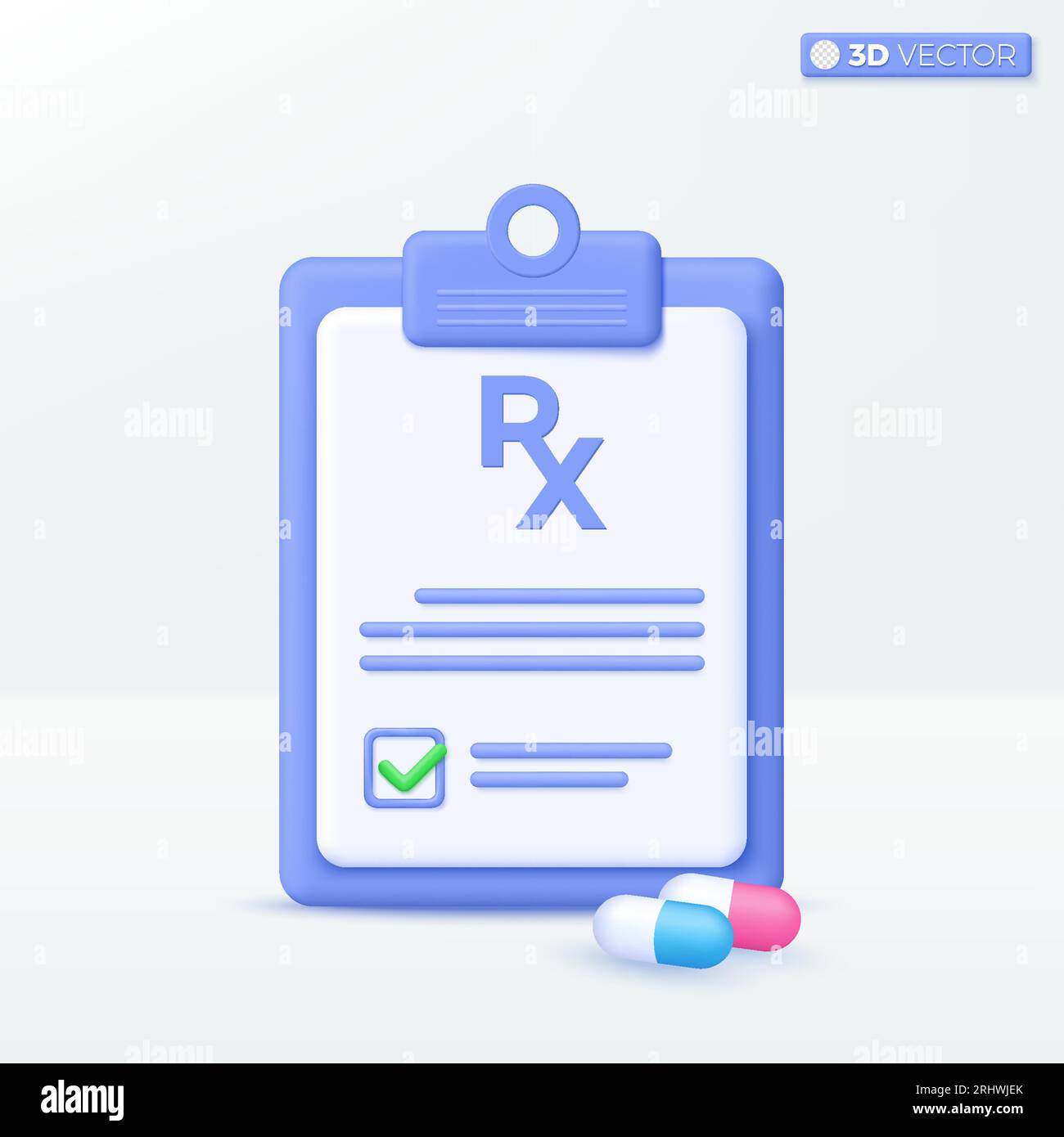 Prescrizione 3D RX con pillole e capsula sul simbolo dell'icona degli Appunti. Controllo di pronto soccorso e assistenza sanitaria, farmacia, concetto di modulo di carta medico. Il vettore 3D è Illustrazione Vettoriale