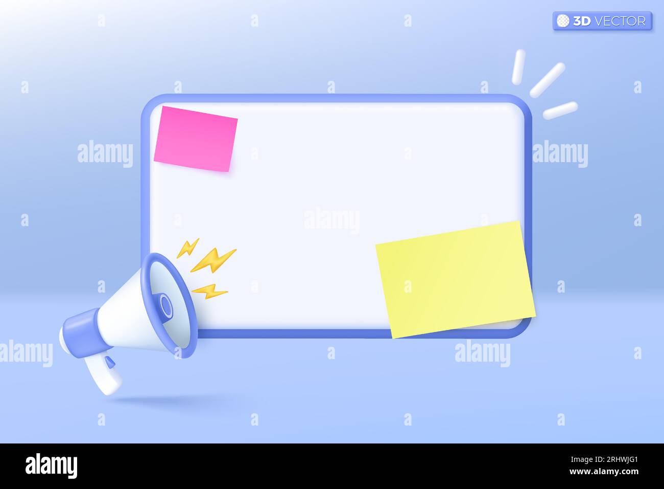 Altoparlante megafono 3d e icona Nota adesiva. Promemoria post it, altoparlante annuncia promozione sconto, concetto di vendita a prezzi ridotti. Il vettore 3D è Illustrazione Vettoriale