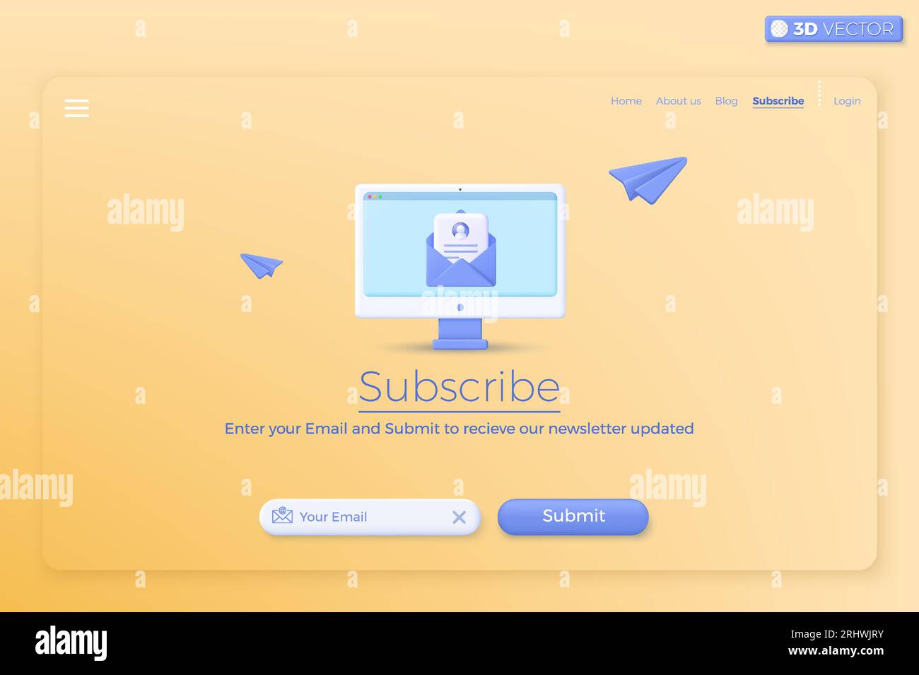 3D Iscriviti al modello di banner per newsletter e promozioni. Invito a partecipare alla sensibilizzazione del cliente. Concetto di marketing aziendale tramite e-mail. Isolamento del vettore 3D. Illustrazione Vettoriale