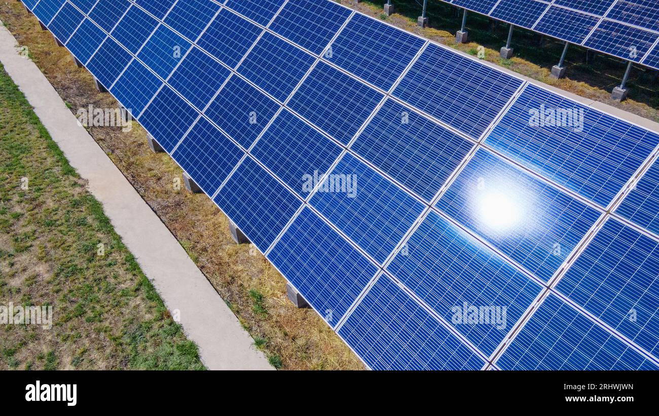 Celle del modulo fotovoltaico abbagliamento solare. Energia verde Foto Stock