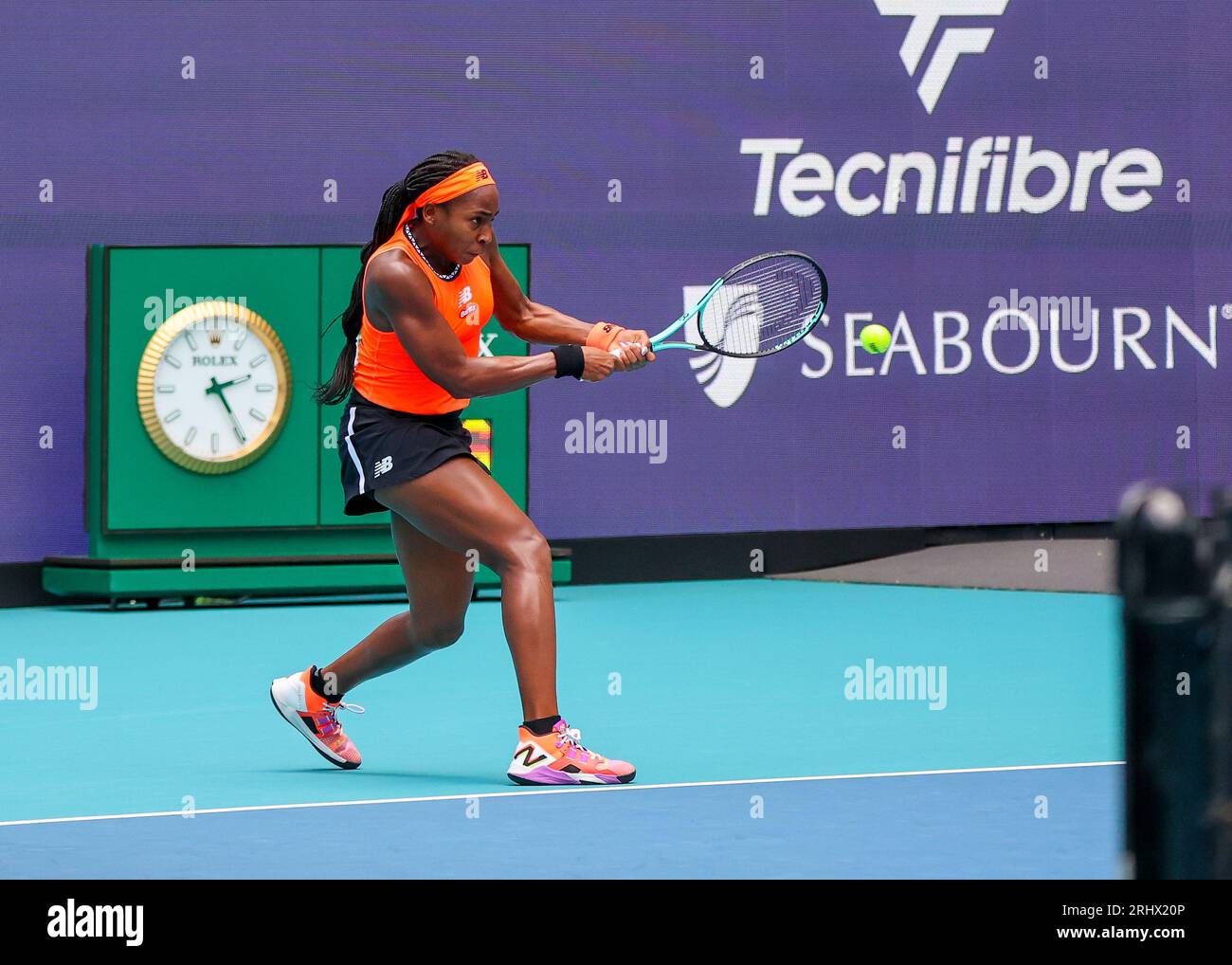 Coco Gauff in azione.Florida, USA, Miami Open Tennis, marzo 2023, Hard Rock Stadium, foto: Chris Arjoon/Credit Foto Stock