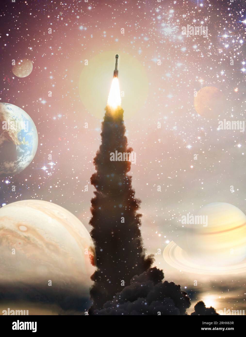 Lo Space Shuttle oscuro si lancia nelle nuvole con stelle sullo sfondo.volo dell'astronave. Foto Stock