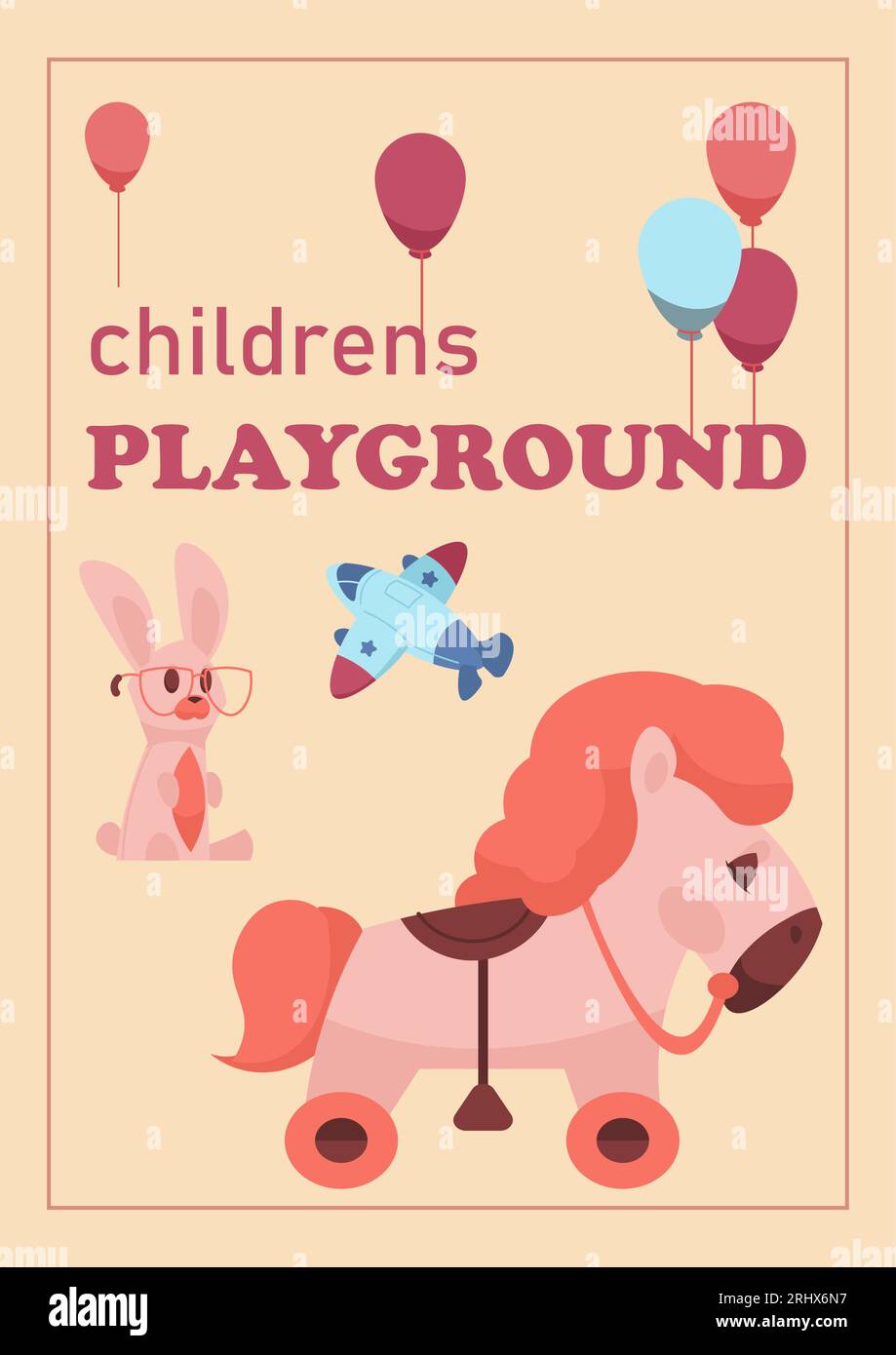 Giocattoli carini. Giochi di cartoni animati per bambini. Palloncini colorati e animali di peluche. Bambini in aereo. Banner del parco giochi. Coniglio e cavallo rosa tenue. Vivaio Illustrazione Vettoriale
