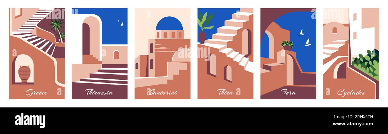 Collezione di modelli in Grecia. Paesaggio italiano, hotel o casa in Marocco, villaggio del Messico con piante e mare, biglietti di viaggio, poster per le vacanze. Arco tradizionale Illustrazione Vettoriale