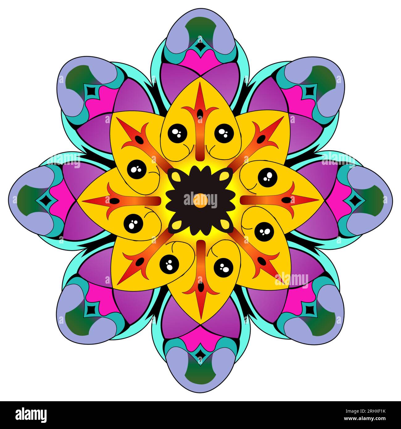 Design a mandala astratto e colorato su sfondo bianco Foto Stock