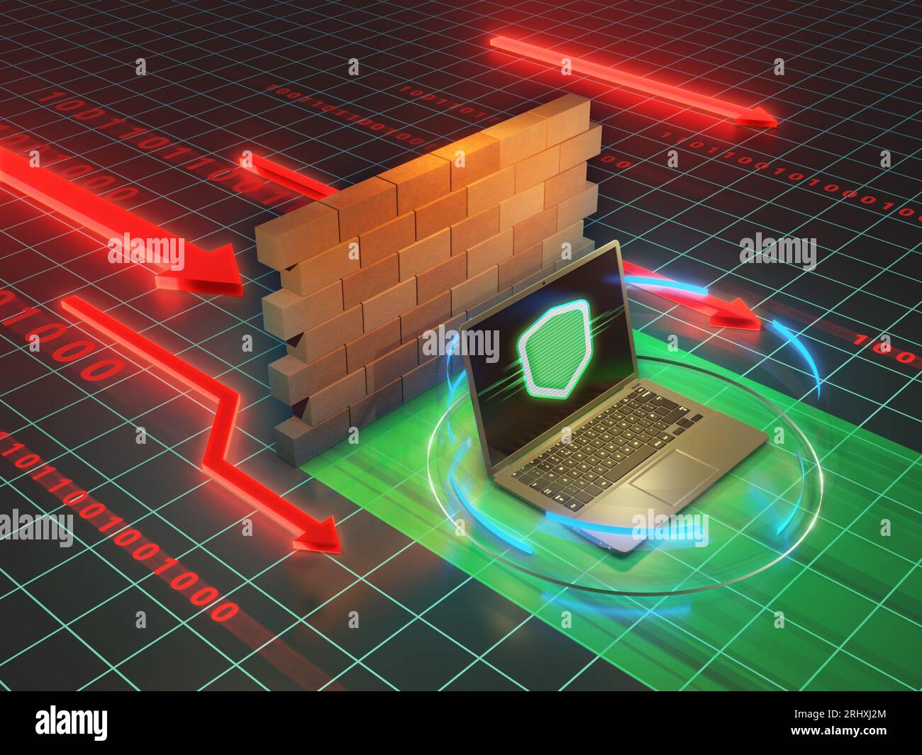 Laptop dietro un firewall, protetto dalle minacce informatiche e dagli attacchi online. Illustrazione digitale, rendering 3D. Foto Stock