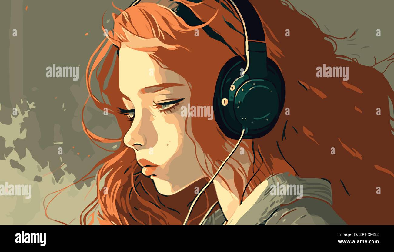 Illustrazione in stile Lofi pastello di una bellissima ragazza Anime che ascolta musica con le cuffie. Art. Vettoriale Stile romanzo grafico/fumetto. Illustrazione Vettoriale