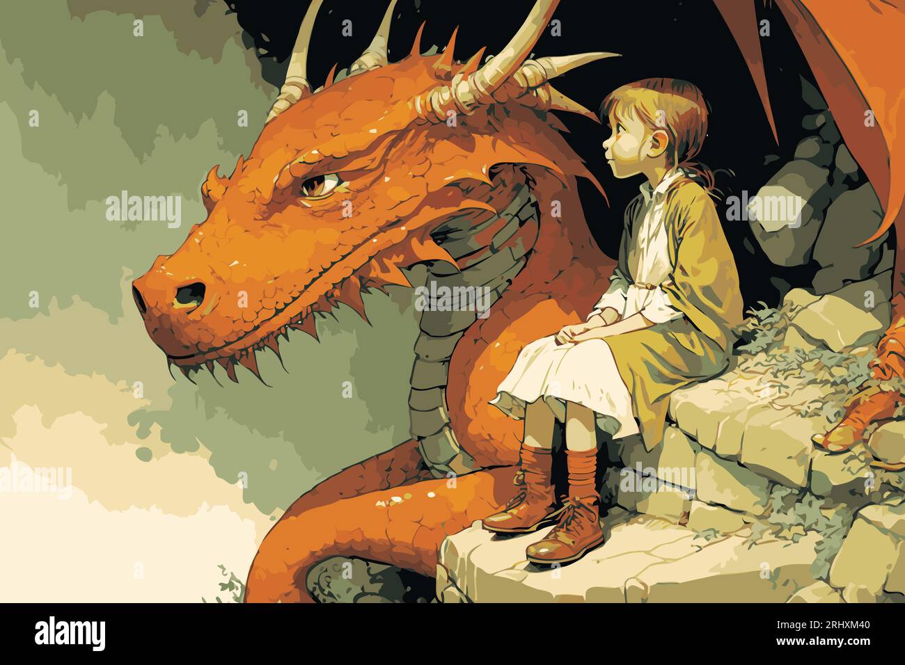 Una giovane ragazza e il suo amico Dragon. Concetto di amicizia/avventura. Art. Vettoriale Fantasy, Storybook, personaggio delle favole. Graphic novel, stile fumetto. Illustrazione Vettoriale