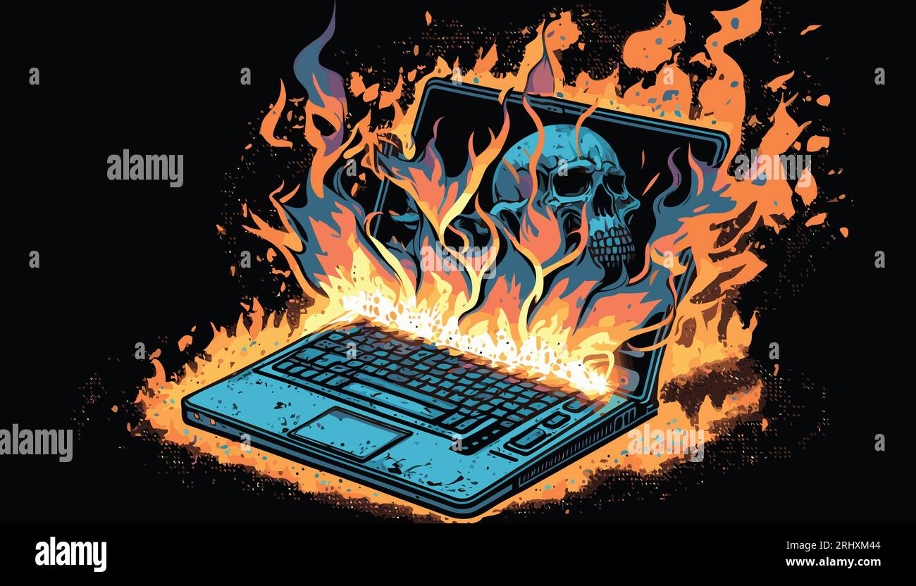 Masterizzare il laptop con Skull. Art. Vettoriale Emergenza IT, mettere fuori un incendio, disastro informatico, servizi tecnologici, rompere Internet, concetto On Fire. Illustrazione Vettoriale