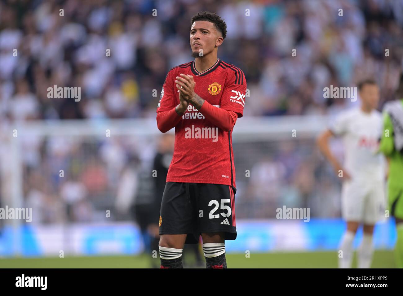 Londra, Regno Unito. 19 agosto 2023. Londra Regno Unito 18 agosto 23.Jadon Sancho del Manchester United durante la partita di Premier League tra Spurs e Manchester United al Tottenham Hotspur Stadium di Londra. Crediti: MARTIN DALTON/Alamy Live News Foto Stock