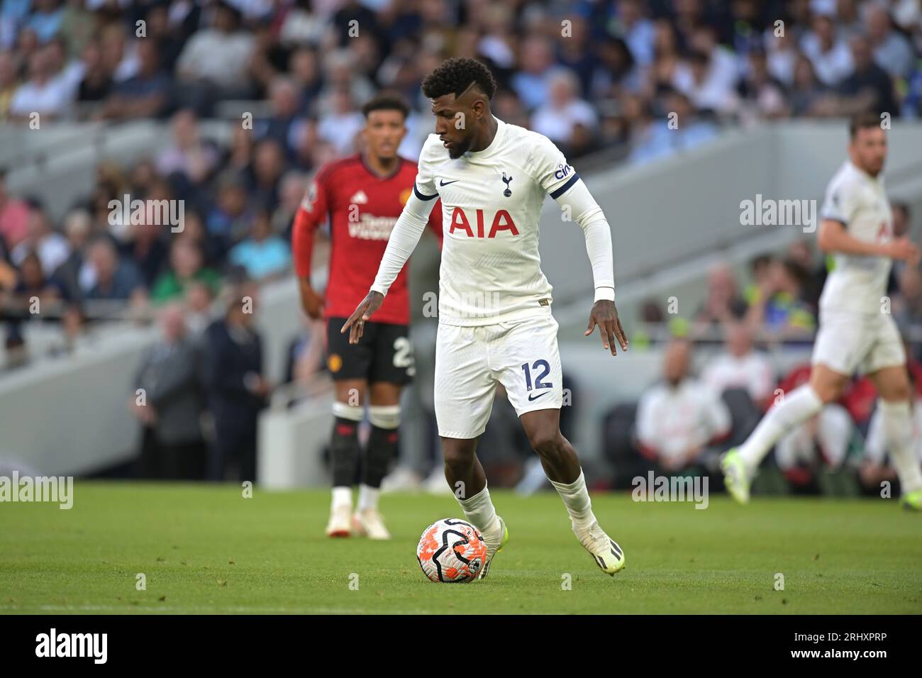 Londra, Regno Unito. 19 agosto 2023. Londra Regno Unito 18 agosto 23.Emerson del Tottenham Hotspur durante la partita Spurs vs Manchester United Premier League al Tottenham Hotspur Stadium di Londra. Crediti: MARTIN DALTON/Alamy Live News Foto Stock