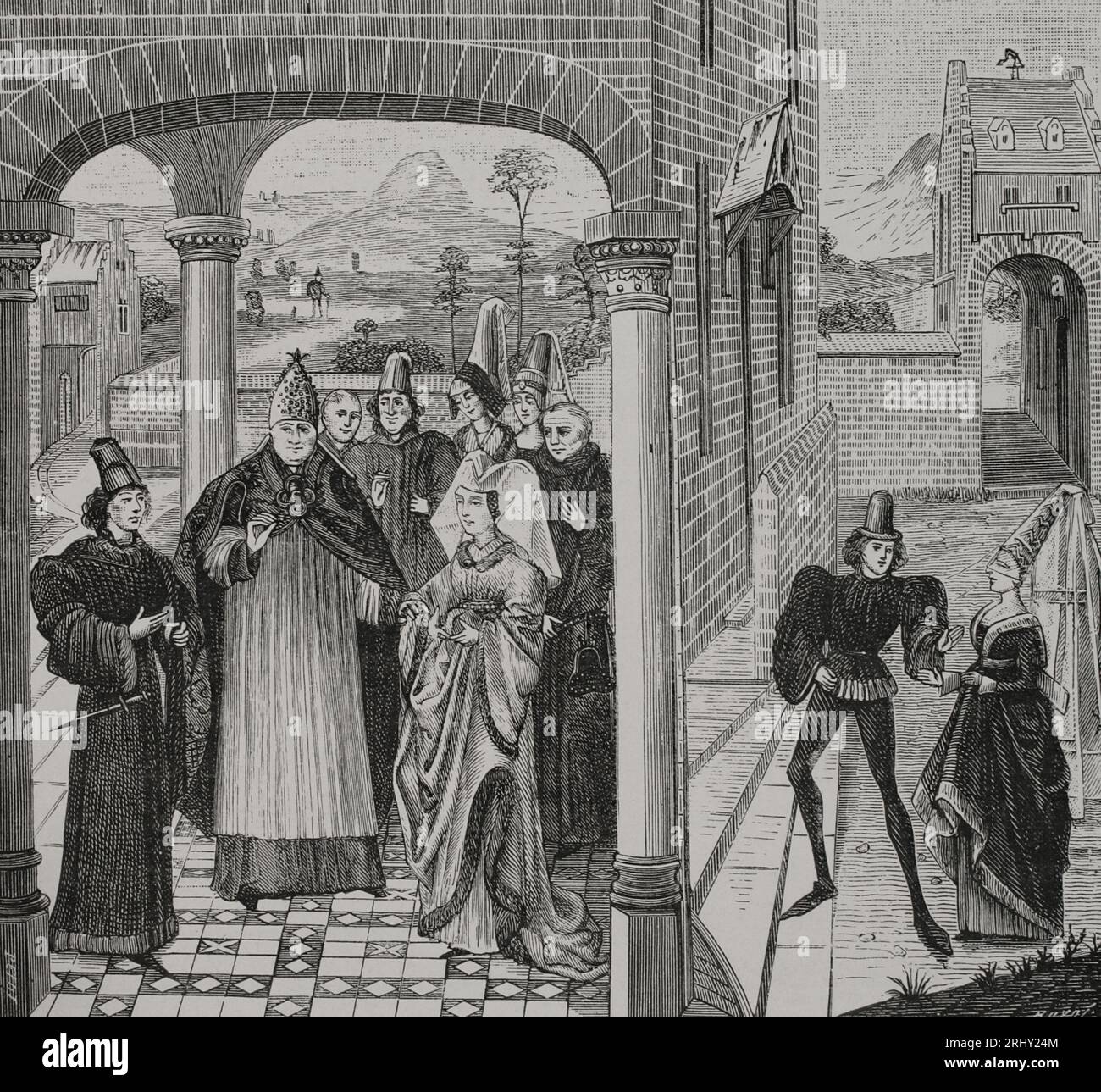 Trattato di Arras. Concluso nell'ottobre 1191 con l'interposizione di Guglielmo di Champagne (Guillaume de Champagne), arcivescovo di Reims; tra Baldovino V, conte di Hainaut, e Matilde del Portogallo (1151-1218), vedova di Filippo d'Alsazia, conte delle Fiandre. Si accordarono sull'eredità della contea delle Fiandre. Incisione di Huyot dopo una miniatura in "Chroniques de Hainaut", 1446-1448. "Vie Militaire et Religieuse au Moyen Age et à l'Epoque de la Renaissance". Parigi, 1877. Autore: Huyot (XIX secolo). Foto Stock