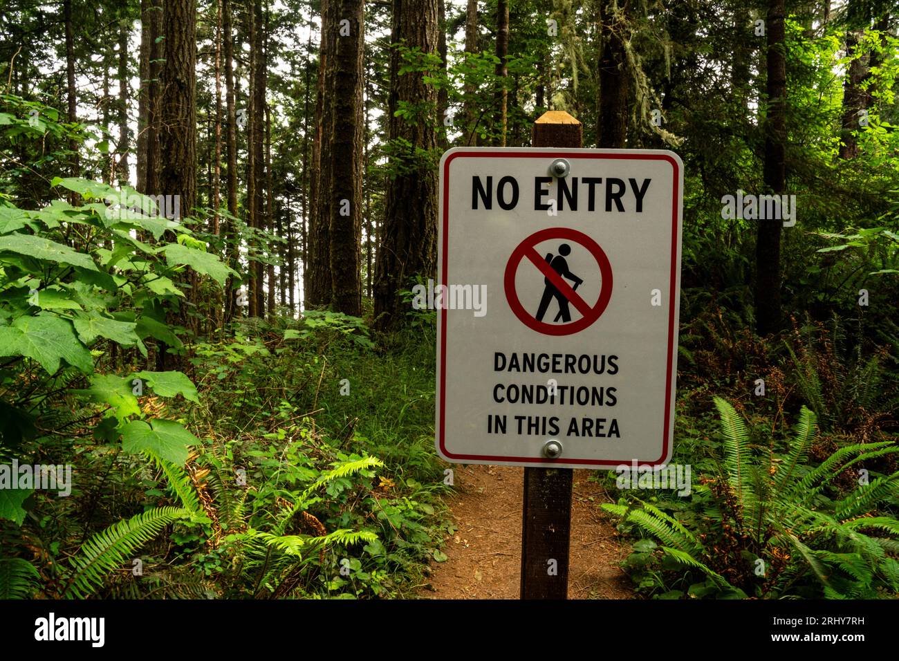 Cartello "No Entry - Dangerous Conditions in This area" presso Oregon's Natural Bridges, Samuel Boardman State Park Foto Stock