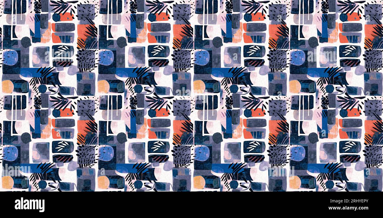 Fantasia moderna e divertente stampa con bordo in tessuto a contrasto per un look estivo in tessuto da spiaggia con un effetto lino-cotone. Bordo per striscioni ripetuti e alla moda Foto Stock