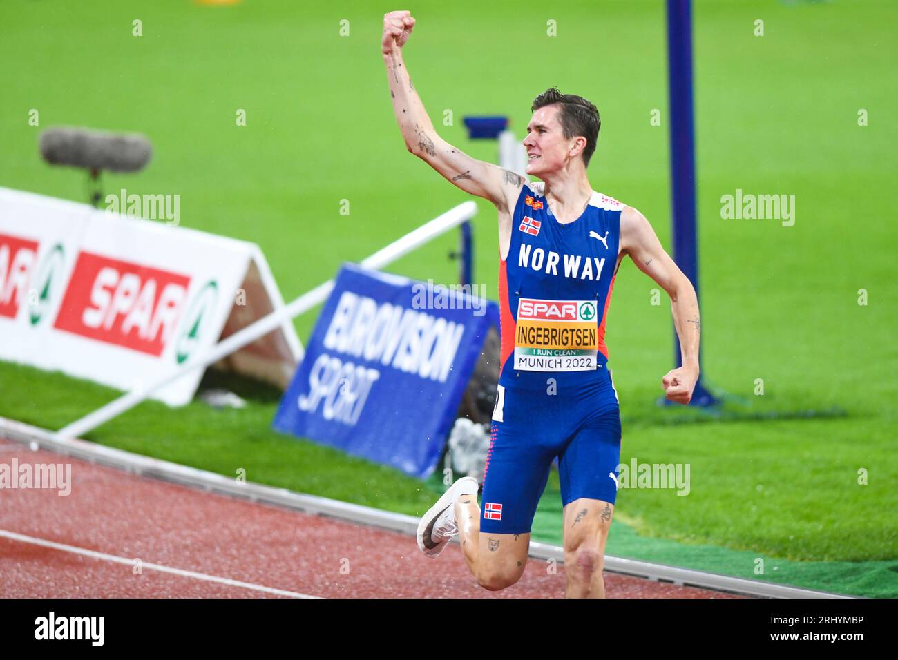Jakob Ingebrigtsen (Norvegia). Medaglia d'oro di 1500 m. Campionati europei di atletica leggera di Monaco 2022 Foto Stock