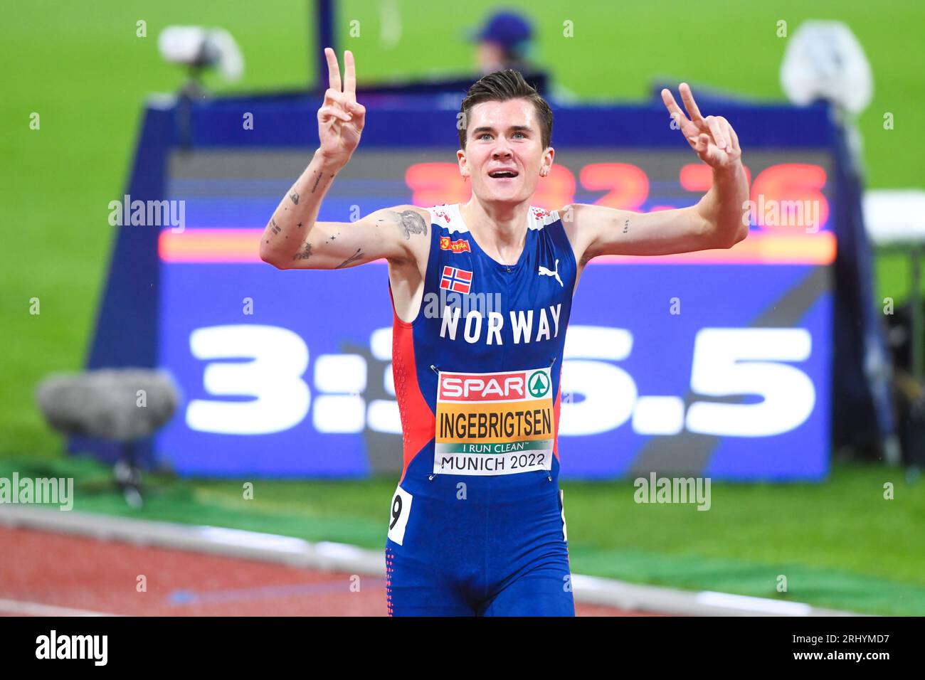 Jakob Ingebrigtsen (Norvegia). Medaglia d'oro di 1500 m. Campionati europei di atletica leggera di Monaco 2022 Foto Stock