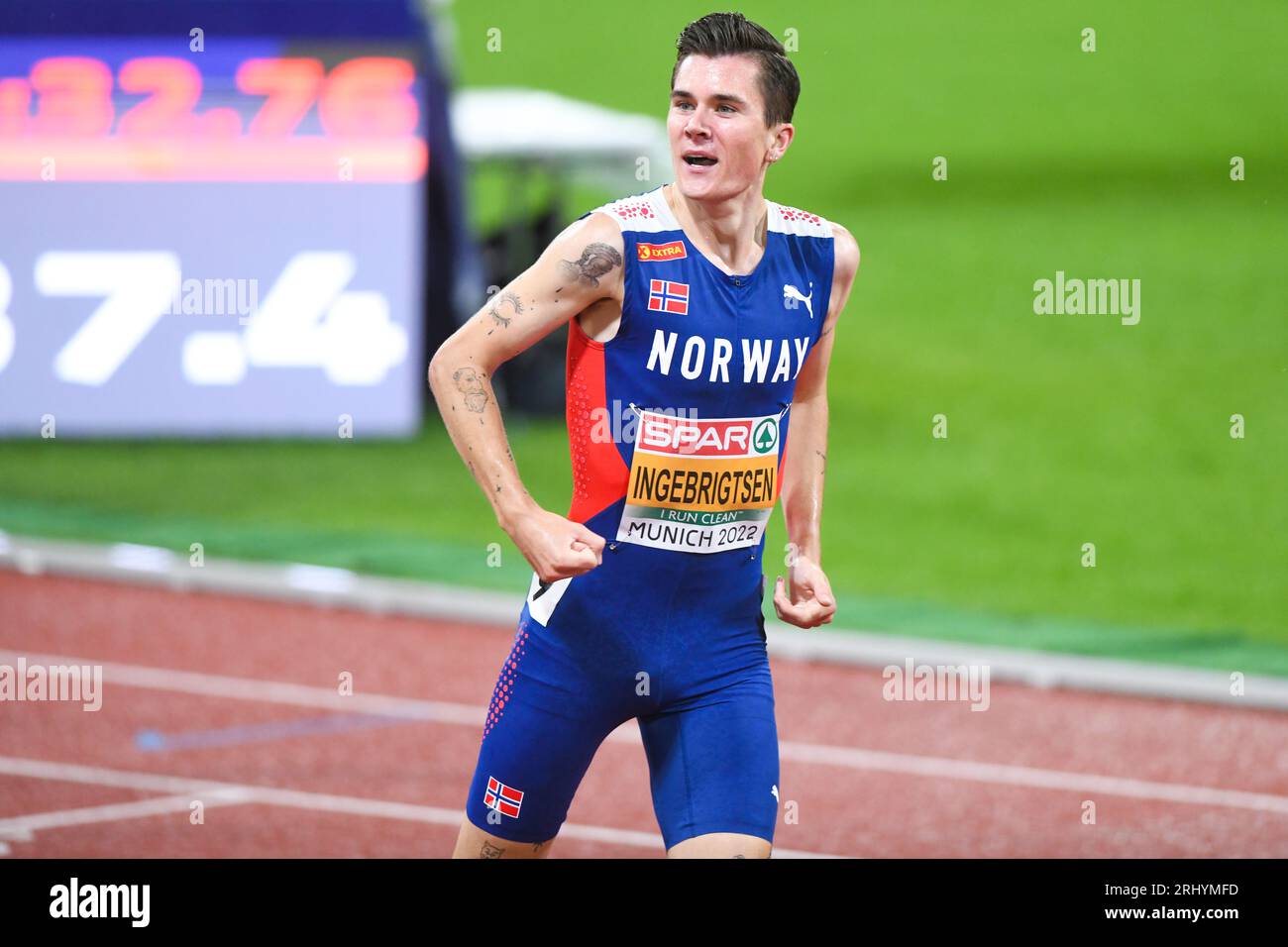 Jakob Ingebrigtsen (Norvegia). Medaglia d'oro di 1500 m. Campionati europei di atletica leggera di Monaco 2022 Foto Stock