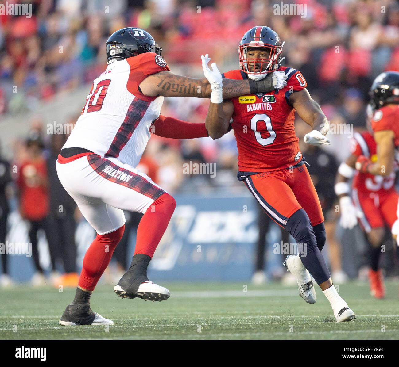Ottawa, Canada. 19 agosto 2023. Shawn Lemon (0) dei Montreal Alouettes gioca nella stagione regolare della Canadian Football League (CFL) tra i Montreal Alouettes agli Ottawa Redblacks. I Montreal Alouettes vinsero la partita 25-24. 2023 Copyright Sean Burges / Mundo Sport Images / Alamy Live News Foto Stock