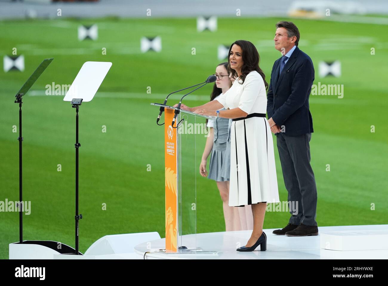 Budapest. 19 agosto 2023. Il presidente ungherese Katalin Novak interviene durante la cerimonia di apertura dei Campionati mondiali di atletica leggera di Budapest 2023 a Budapest, in Ungheria, il 19 agosto 2023. Crediti: Attila Volgyi/Xinhua/Alamy Live News Foto Stock