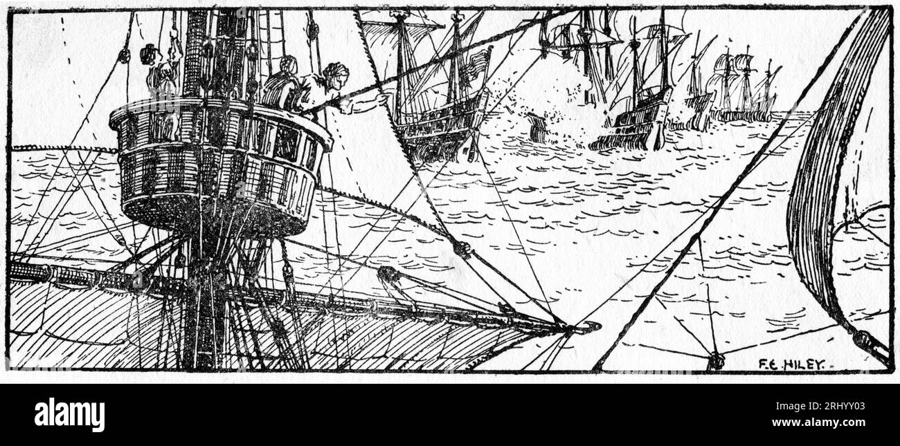 I marinai in un nido di corvi guardano la battaglia svolgersi intorno alla loro nave Foto Stock