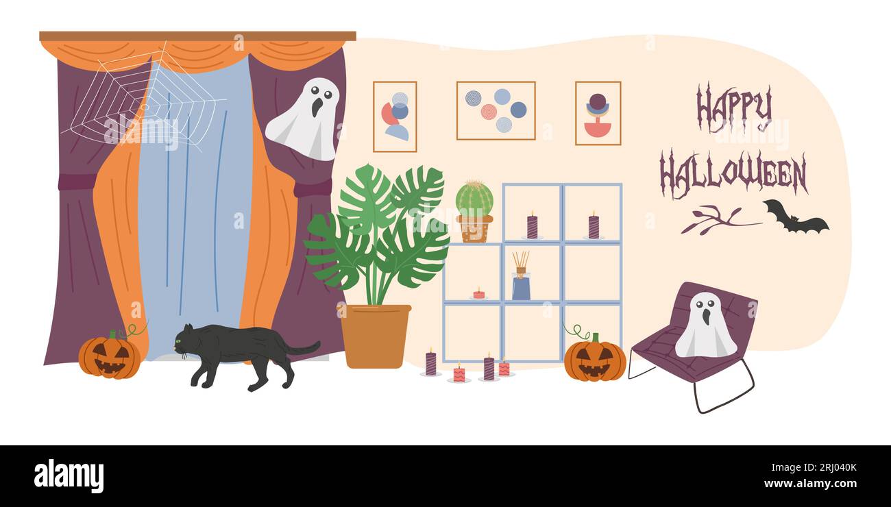 Accogliente soggiorno decorato per le vacanze. Accogliente soggiorno decorato per le vacanze. Zucche di Halloween gatto nero e fantasmi. Progettazione di banner, poster, pagine Web. Illustrazione vettoriale piatta. Illustrazione Vettoriale