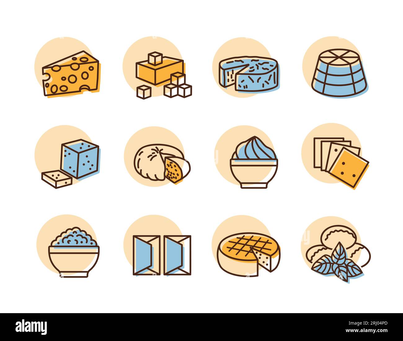 Set di icone del formaggio vettoriale. Cartello prodotti lattiero-caseari. Simbolo grafico per la progettazione di siti Web e app per cucinare, logo, app, interfaccia utente Illustrazione Vettoriale