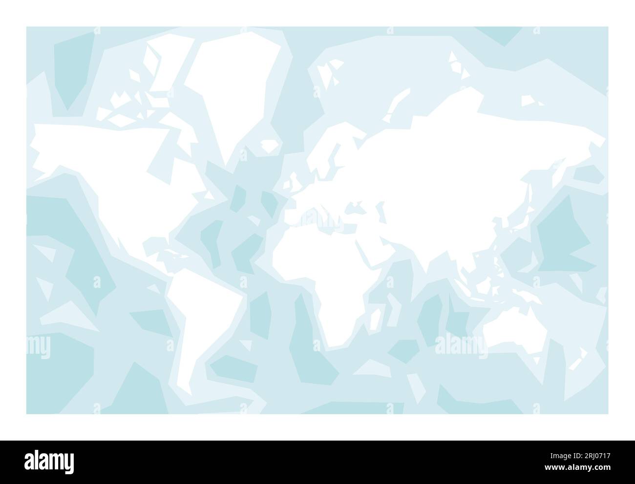 Mappa dei continenti del mondo - Nord America, Sud America, Africa, Europa, Asia e Australia. Proiezione Mercator. Mappa semplificata della sagoma della terra con batimetria e nomi di mari e oceani. Illustrazione Vettoriale