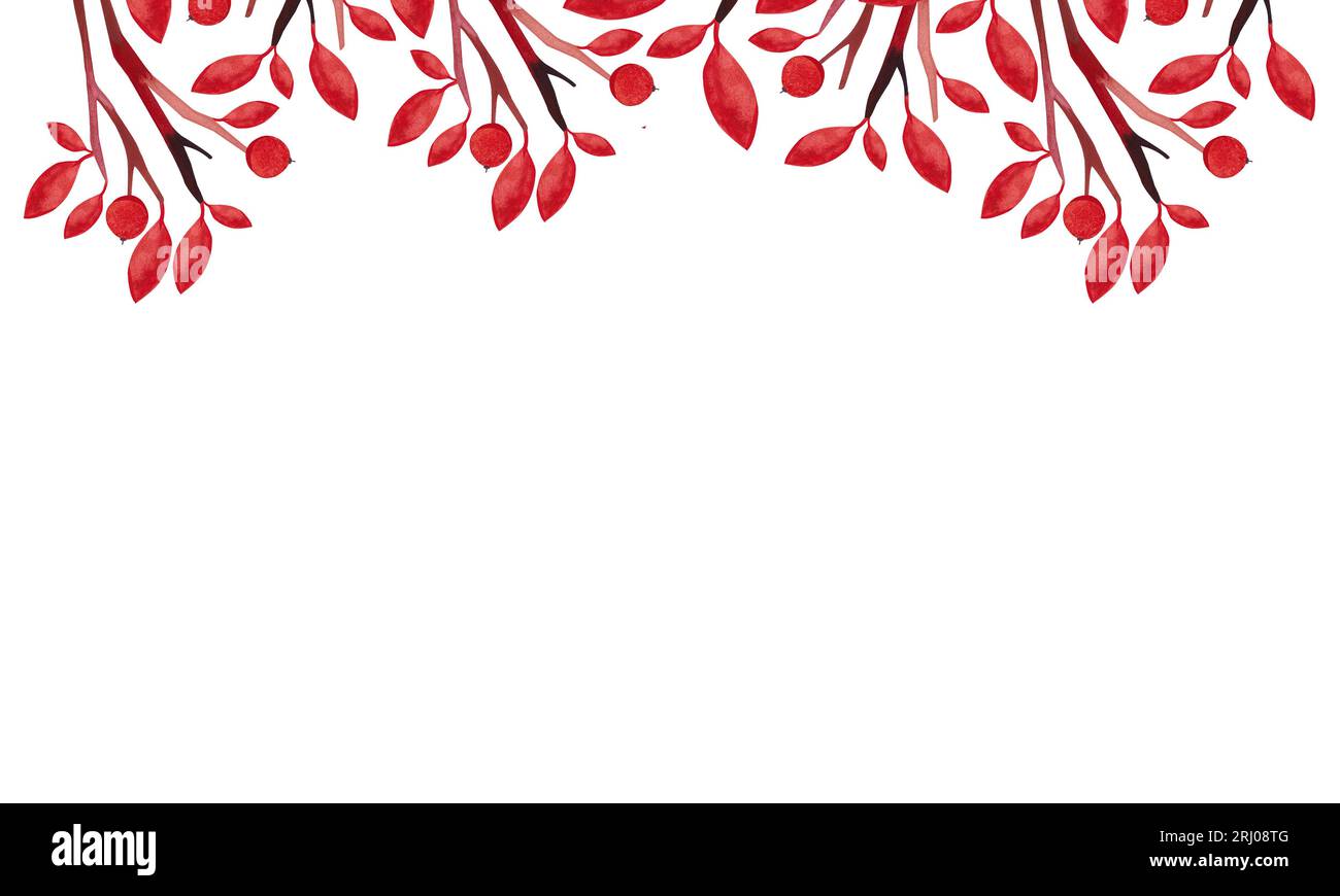 Cornice autunnale con foglie rosse, rami e bacche. Disegno ad acquerello per la progettazione di social network e materiali stampati. Decoro stagionale di novembre Foto Stock