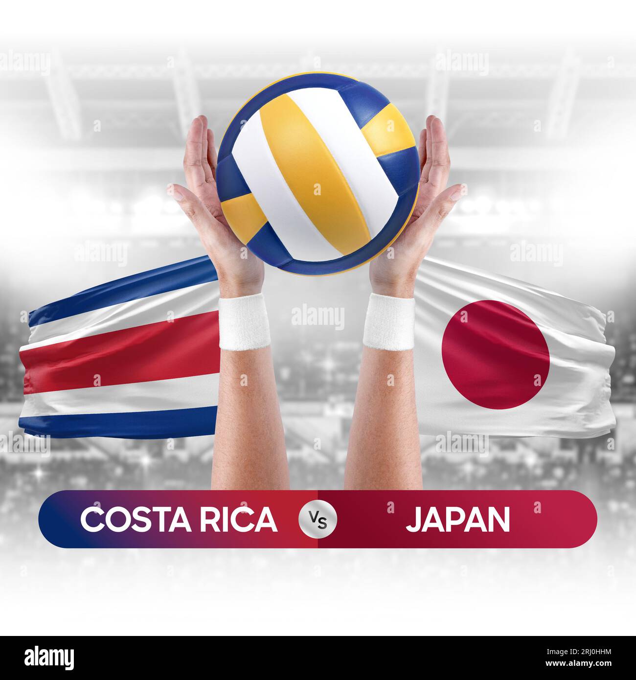 Concetto di gara di pallavolo e pallavolo delle squadre nazionali del Costa Rica vs Giappone. Foto Stock