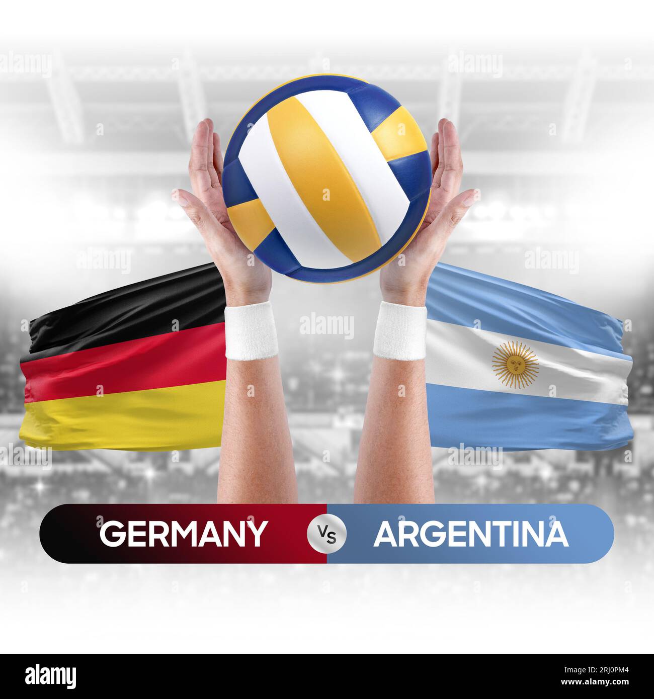 Concetto di gara di pallavolo e pallavolo delle squadre nazionali Germania-Argentina. Foto Stock
