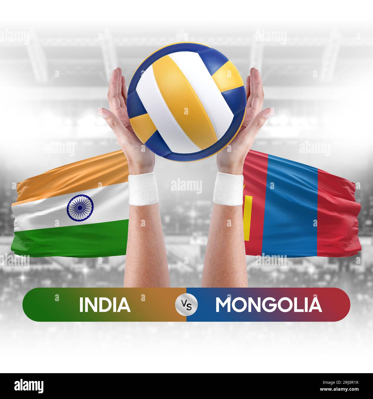 Concetto di competizione tra India e Mongolia per partite di pallavolo e pallavolo. Foto Stock